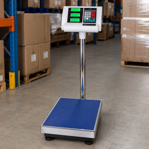 Elektronikus raktári platform mérleg akkumulátorral és árszorzó funkcióval, kék ezüst, 100 kg méréshatár, 30x40 cm