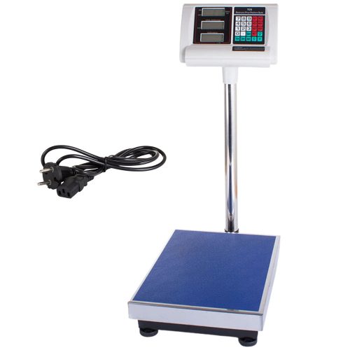 Elektronikus raktári platform mérleg akkumulátorral és árszorzó funkcióval, kék ezüst, 100 kg méréshatár, 30x40 cm