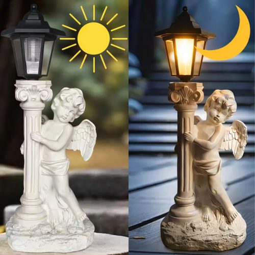 49 cm magas, időjárásálló napelemes angyalka figura LED világítással és alkonykapcsolóva