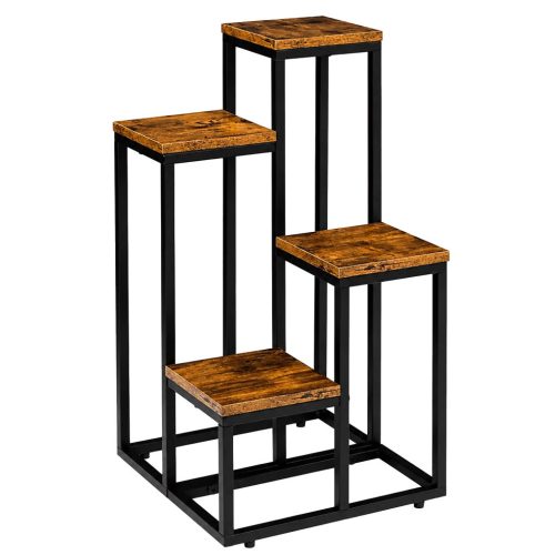 Modern fém növényállvány és négyszintes álló virágtartó, 68 cm-es magasságban, fekete-barna