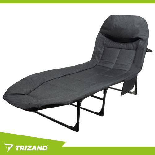 Összecsukható kényelmes kempingágy, nyugágy, erős vázzal, 150 kg teherbírás, szürke/fekete